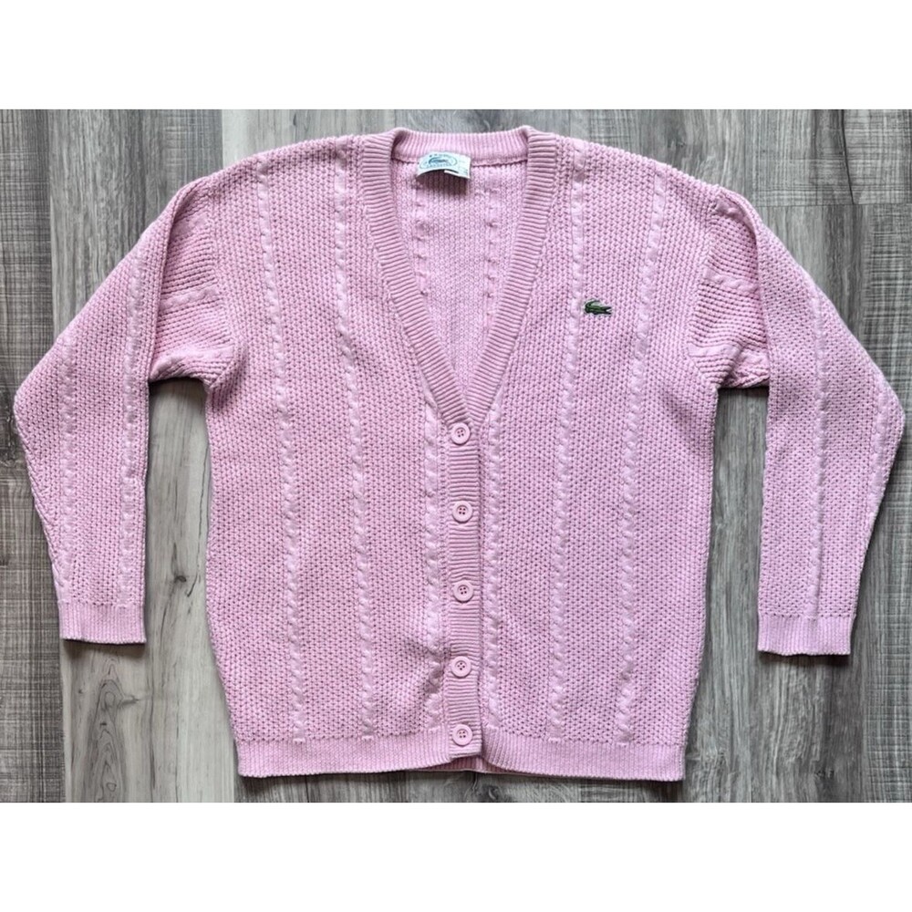 Vintage Womens Izod Lacoste Size Medium Pink Grandpa Cable Knit Cardigan Sweater